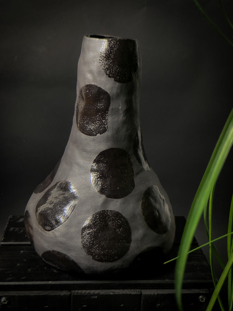 Vase - Black clay with big black shiny dots