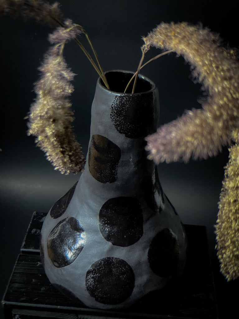 Vase - Black clay with big black shiny dots