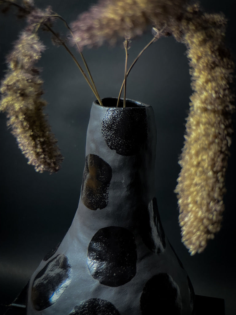 Vase - Black clay with big black shiny dots