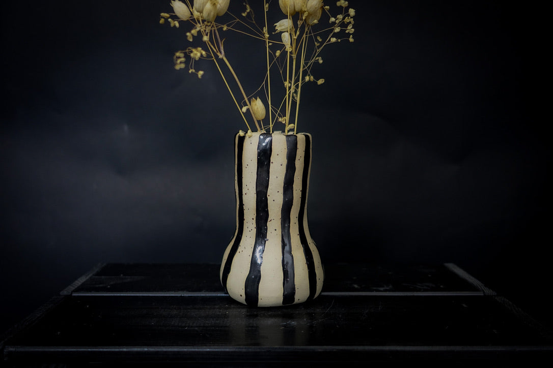 Vase - White clay with big black shiny vertical lines