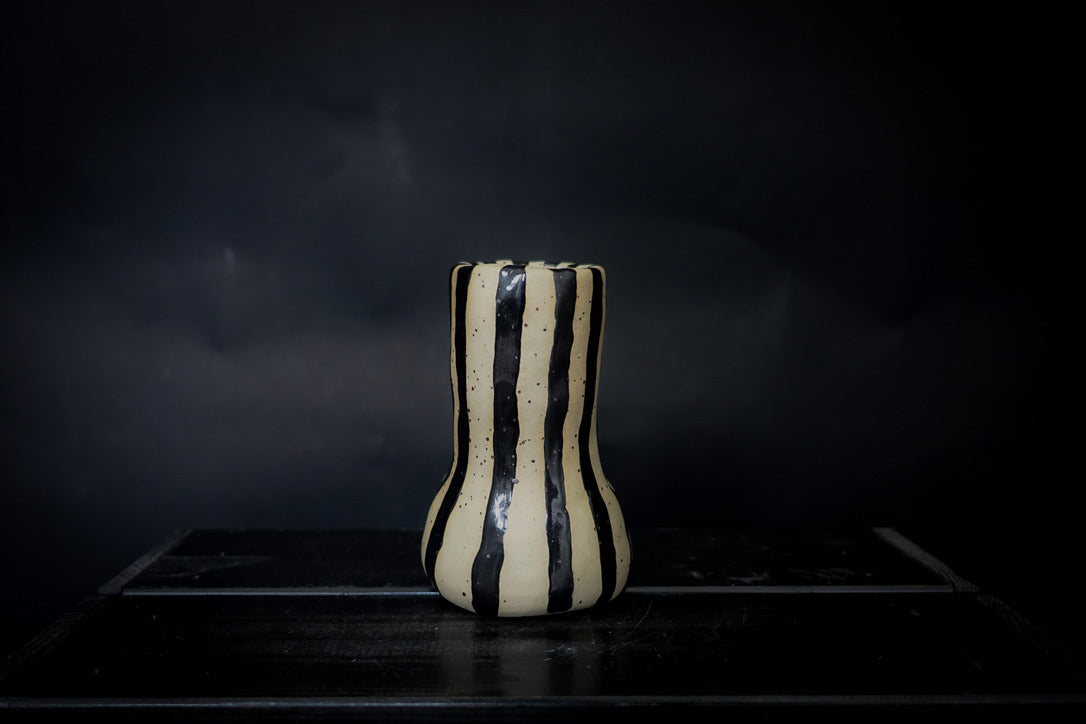 Vase - White clay with big black shiny vertical lines