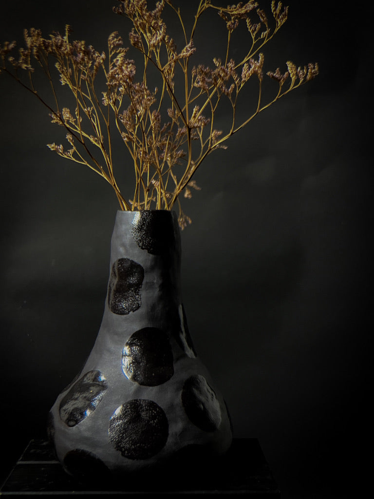 Vase - Black clay with big black shiny dots