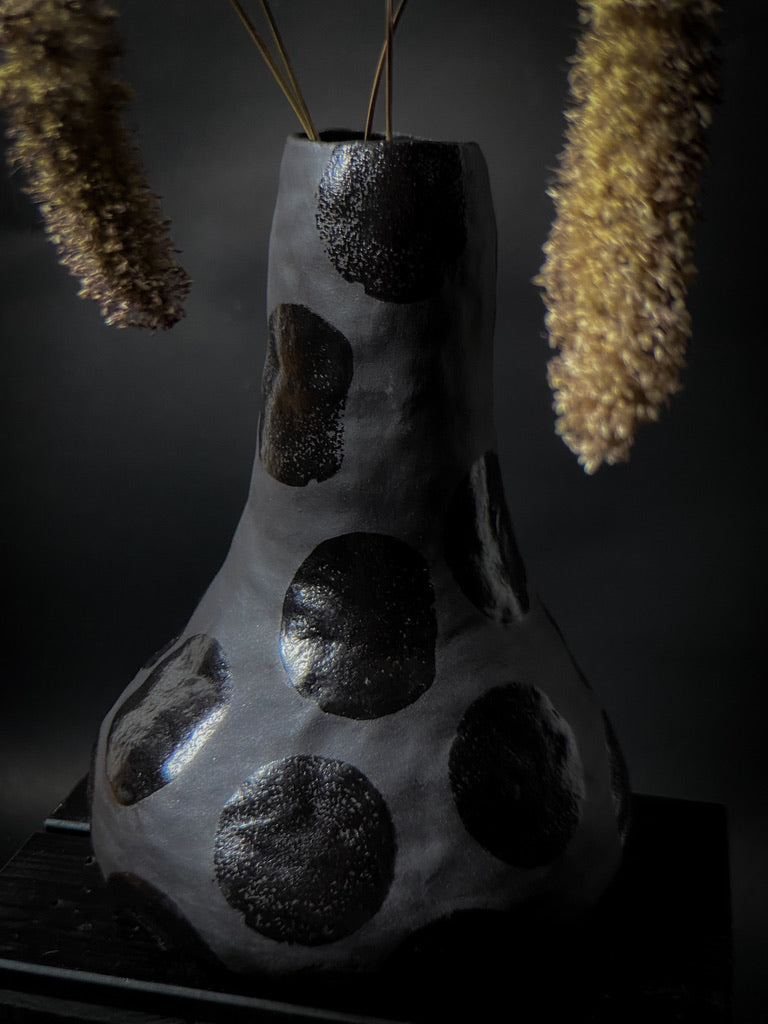 Vase - Black clay with big black shiny dots