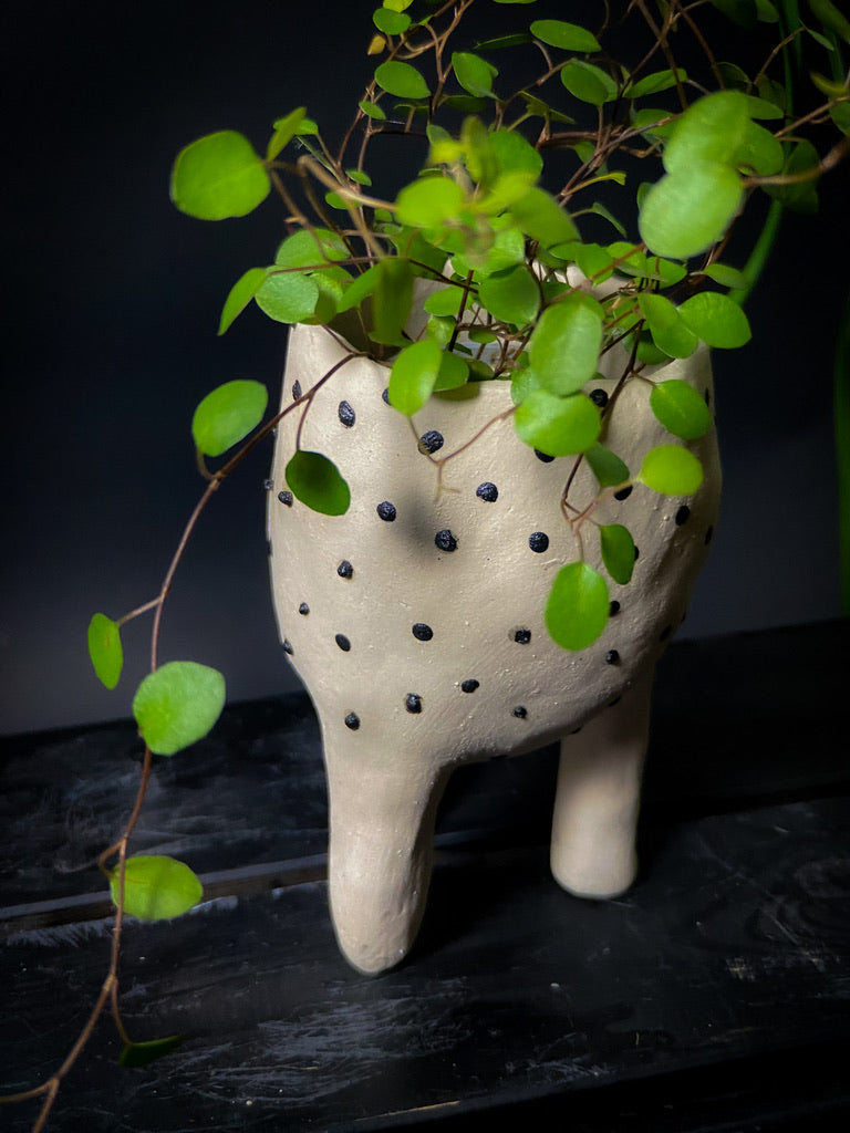 Plantpot holder with three legs - White clay with shiny black dots