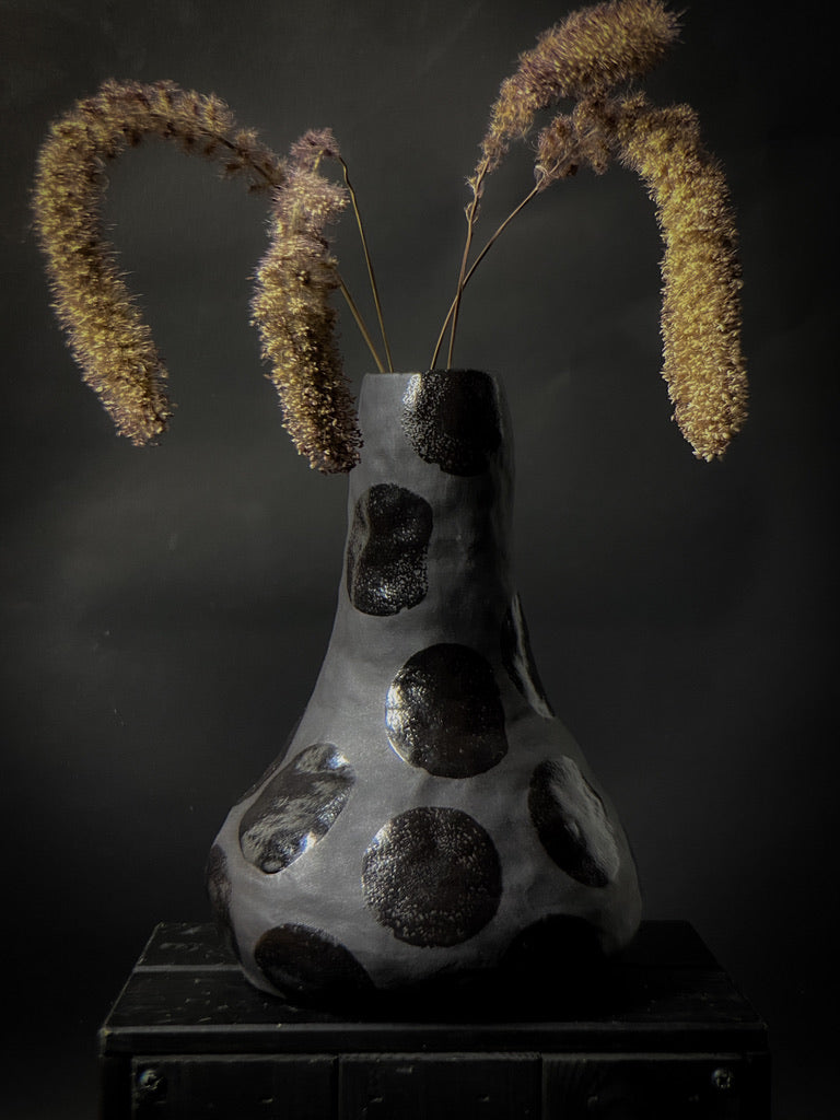 Vase - Black clay with big black shiny dots