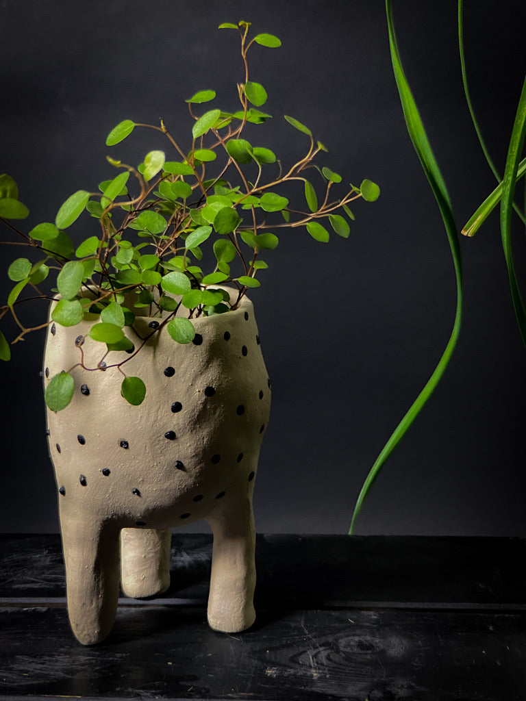 Plantpot holder with three legs - White clay with shiny black dots