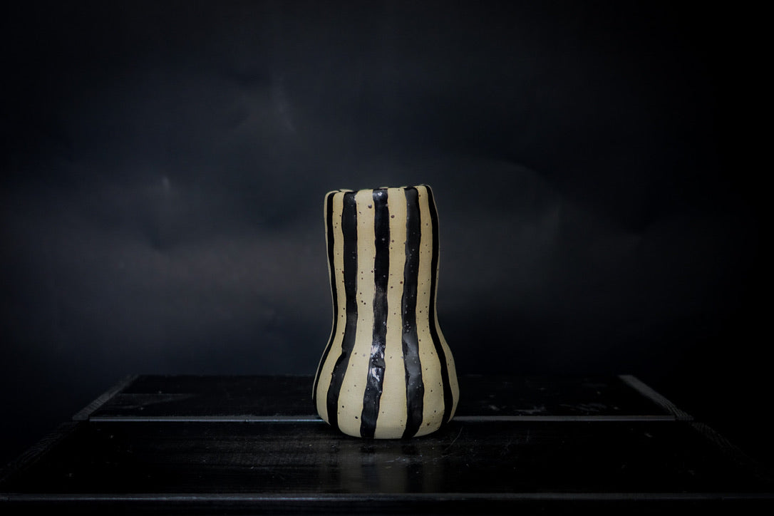 Vase - White clay with big black shiny vertical lines