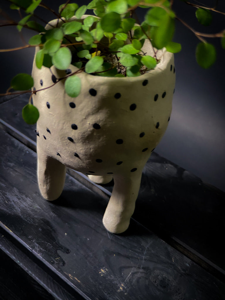 Plantpot holder with three legs - White clay with shiny black dots