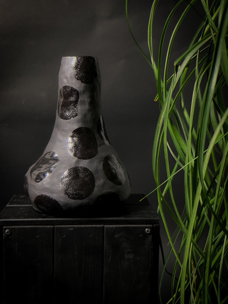 Vase - Black clay with big black shiny dots