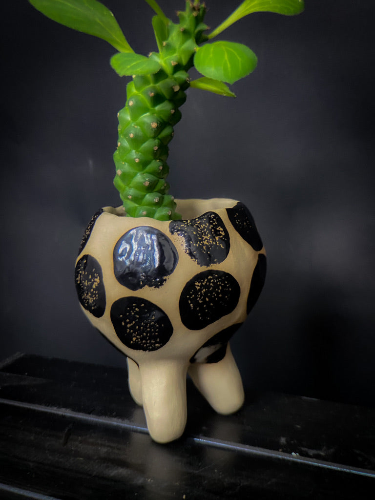 Plantpot holder with three legs - White clay with big shiny black dots